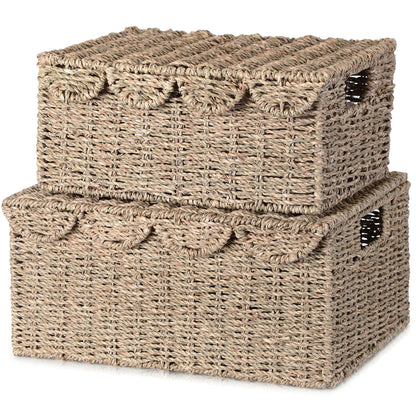Handwoven Seagrass Wicker Storage Basket with Lid – Set of 2