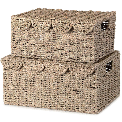 Handwoven Seagrass Wicker Storage Basket with Lid – Set of 2